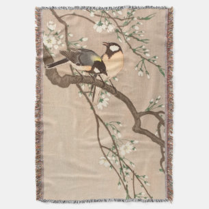 Japanese Asian Ohara Koson Bird Chickadee Songbird Throw Blanket