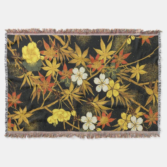 Japanese Autumn Leaves Antique Botanical Throw Blanket (Front)
