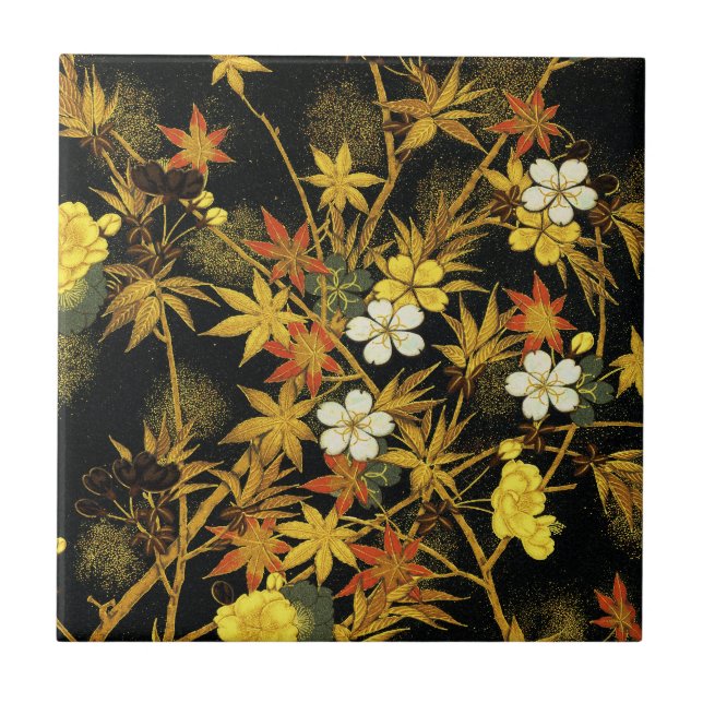 Japanese Autumn Leaves Antique Botanical Tile (Front)