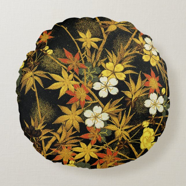 Japanese Autumn Leaves Antique Rich Classic Art Round Cushion (Front)