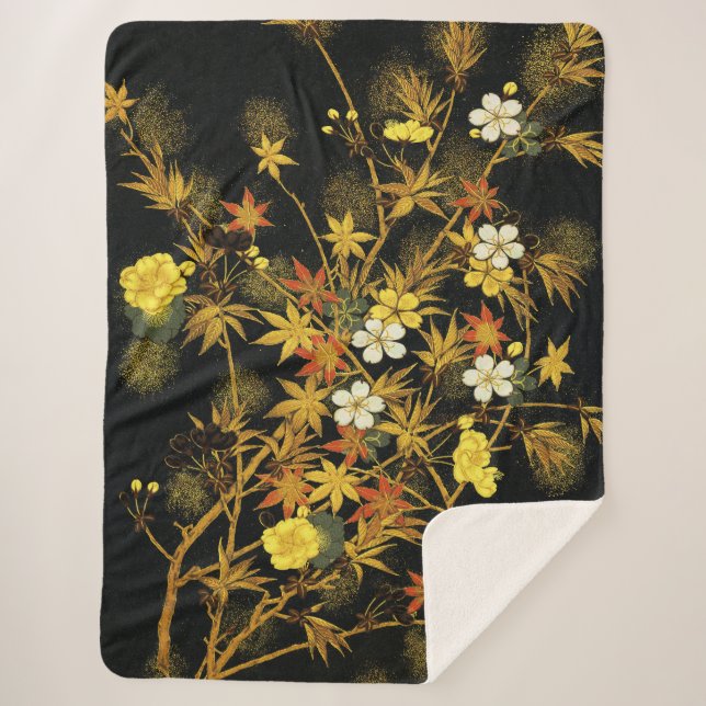 Japanese Autumn Leaves Antique Rich Classic Art Sherpa Blanket (Front)