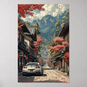 Japanese Autumn Street with Sports Car Poster