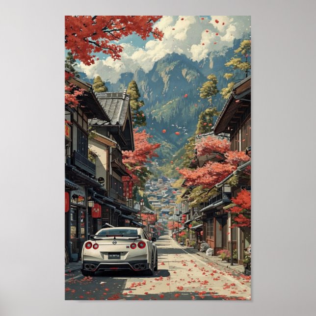 Japanese Autumn Street with Sports Car Poster (Front)