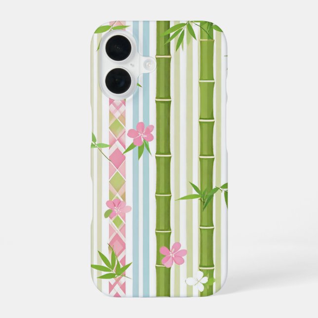Japanese Bamboo and Floral Stripe Pattern iPhone 16 Case (Back)