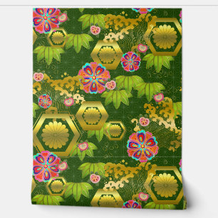 Japanese bamboo and mums on green wallpaper