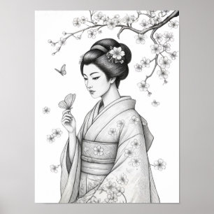 Japanese Beauty with Butterflies Poster