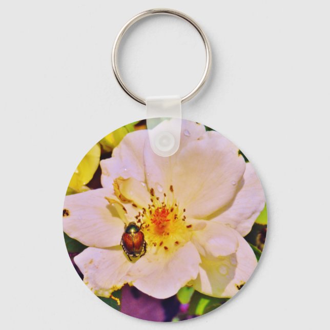 Japanese Beetle on White  Rose Key Ring (Front)