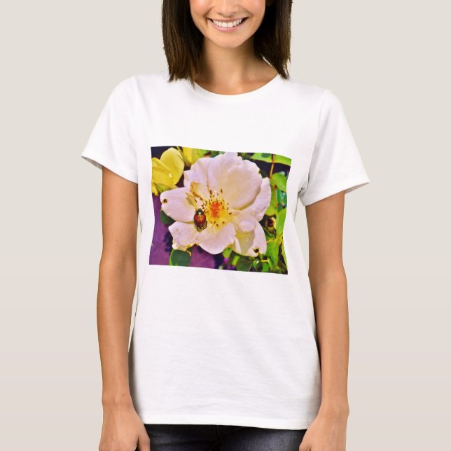 Japanese Beetle on White  Rose T-Shirt (Front)