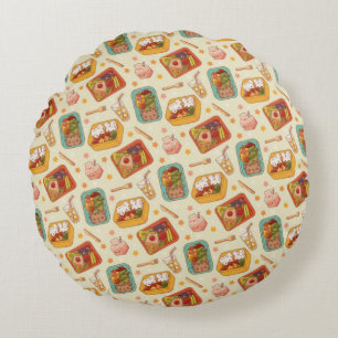 Japanese Bento Box & Bento Snack Pattern Round Cushion