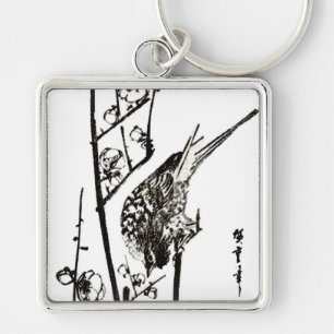 Japanese Bird on a Branch - Black and White Key Ring