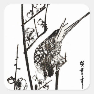 Japanese Bird on a Branch - Black and White Square Sticker