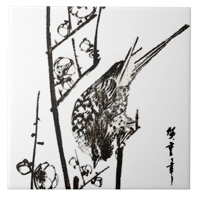 Japanese Bird on a Branch - Black and White Tile (Front)
