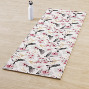 Japanese Birds and Flowers Red and Grey Yoga Mat