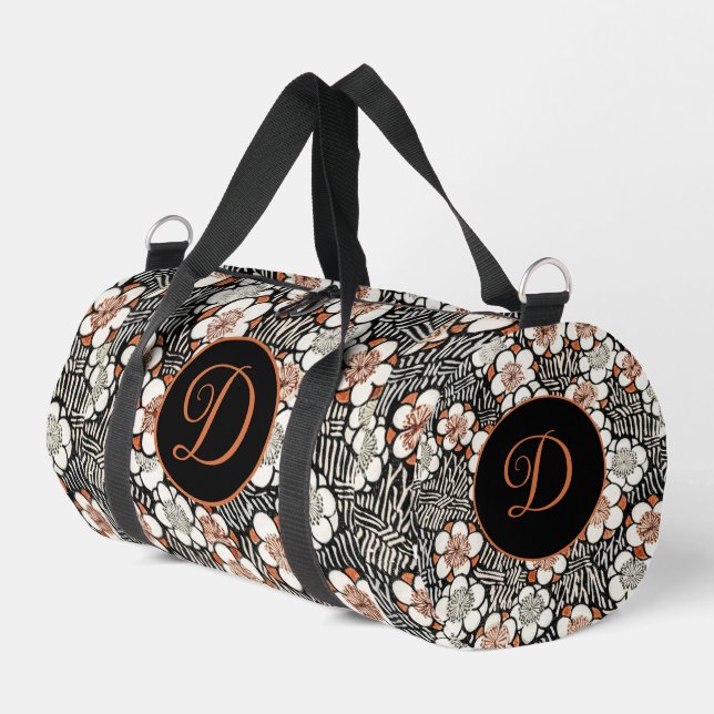 Japanese Black and Red Floral Pattern Personalised Duffle Bag (Left Corner)