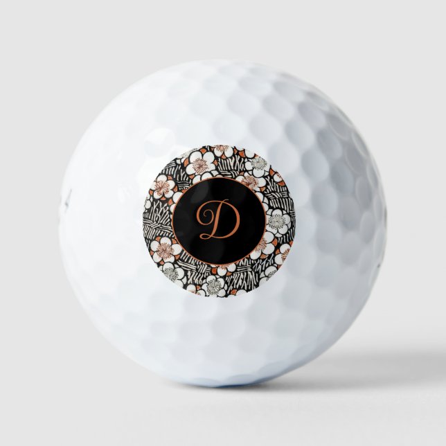 Japanese Black and Red Floral Pattern Personalised Golf Balls (Front)