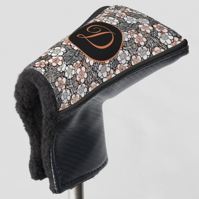 Japanese Black and Red Floral Pattern Personalised Golf Head Cover (3/4 Front)