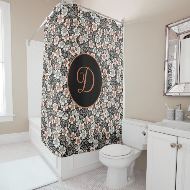 Japanese Black and Red Floral Pattern Personalised Shower Curtain (In Situ)