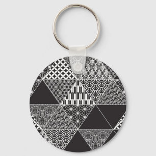 Japanese Black And White Collage Triangle Pattern Key Ring