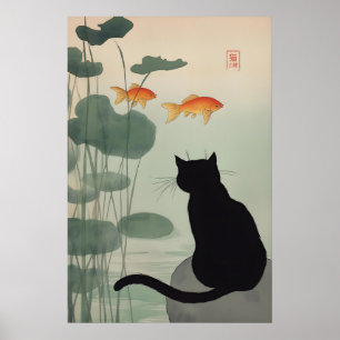 Japanese Black Cat Art Print Pond & Golden Fish