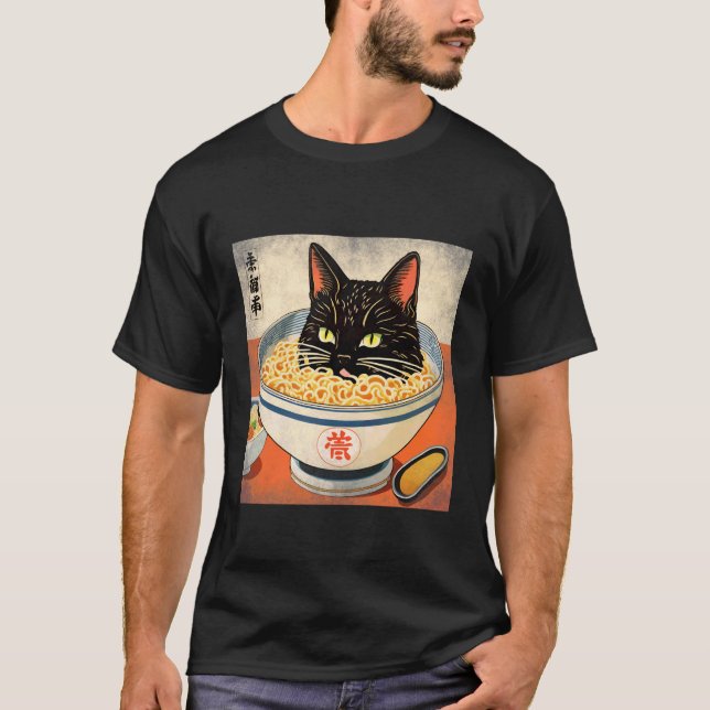 Japanese Black Cat Head in A Bowl of Ramen for Cat T-Shirt (Front)