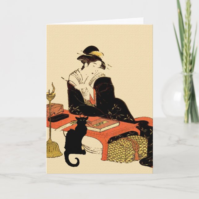 Japanese Black Cat Lady, add text, Card (Front)