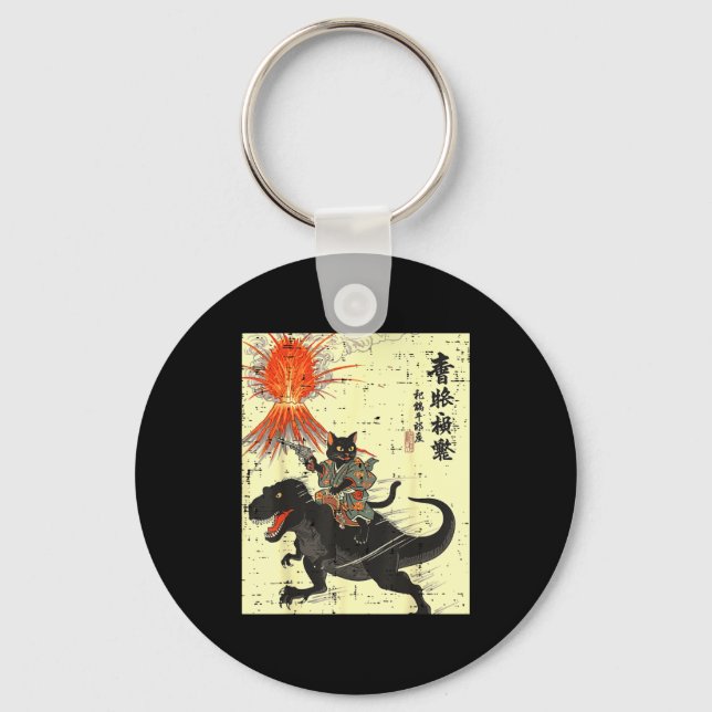 Japanese Black Cat On Trex Funny Ukiyo-e Boys Kids Key Ring (Front)