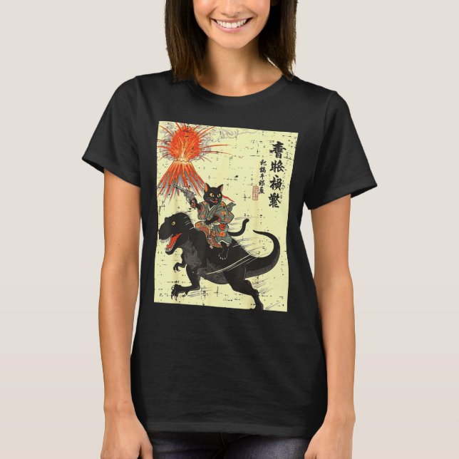 Japanese Black Cat On Trex Funny Ukiyo-e Boys Kids T-Shirt (Front)