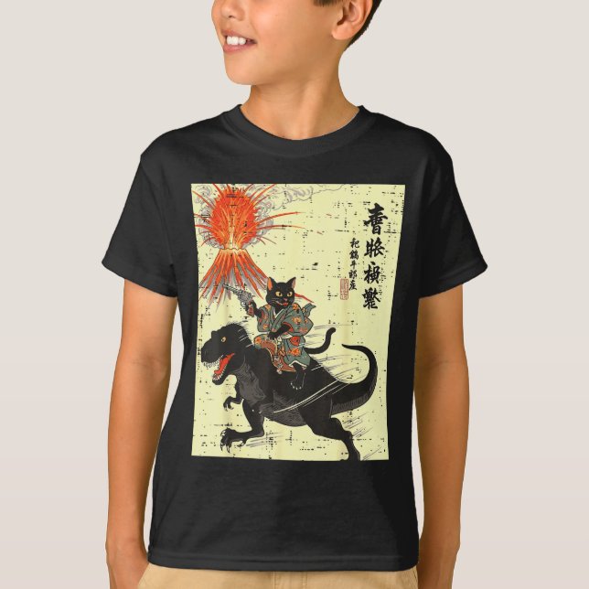 Japanese Black Cat On Trex Funny Ukiyo-e Boys Kids T-Shirt (Front)