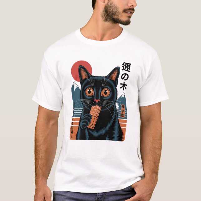 Japanese Black Cat with Candy Bar – Retro Manga-St T-Shirt (Front)