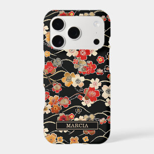 Japanese Black Floral Pattern Monogrammed