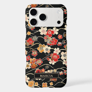 Japanese Black Floral Pattern Monogrammed