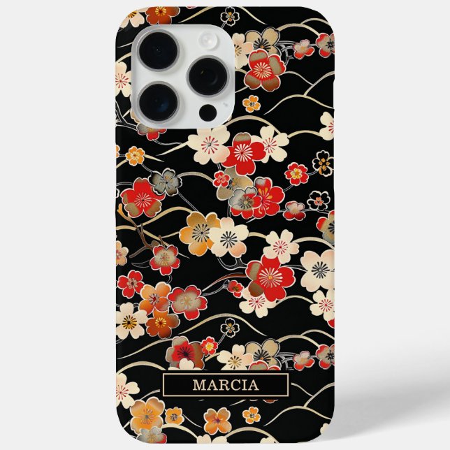 Japanese Black Floral Pattern Monogrammed Case-Mate iPhone Case (Back)
