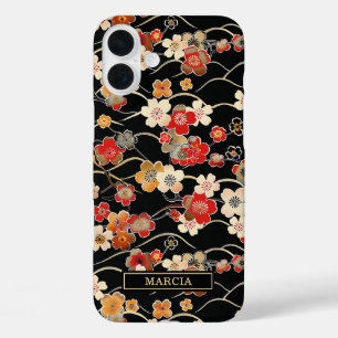 Japanese Black Floral Pattern Monogrammed iPhone 16 Plus Case