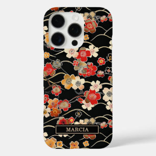 Japanese Black Floral Pattern Monogrammed iPhone 16 Pro Case
