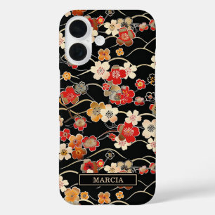 Japanese Black Floral Pattern Monogrammed iPhone 16 Case