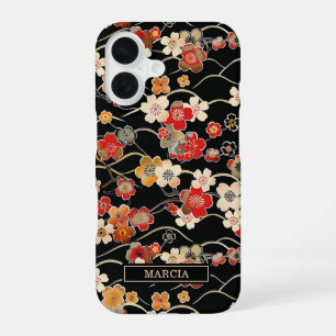 Japanese Black Floral Pattern Monogrammed iPhone 16 Case