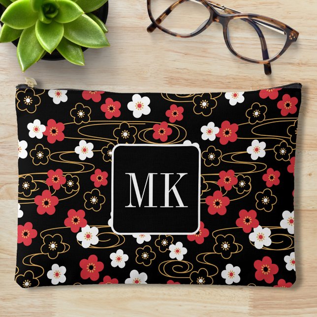 Japanese Black Sakura Blossom Monogram Initials Accessory Pouch (Creator Uploaded)