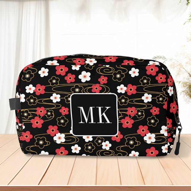 Japanese Black Sakura Blossom Monogram Initials Dopp Kit (Creator Uploaded)