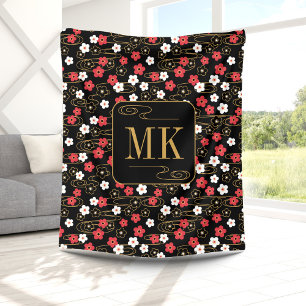 Japanese Black Sakura Blossom Monogram Initials Fleece Blanket