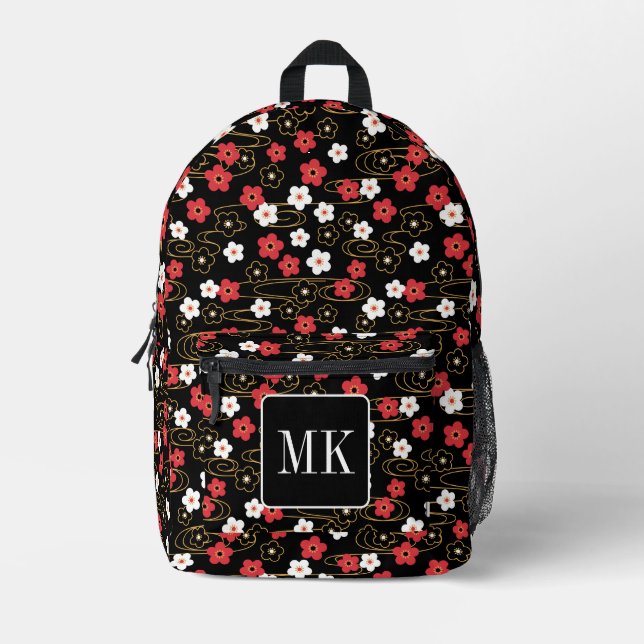 Japanese Black Sakura Blossom Monogram Initials Printed Backpack (Front)