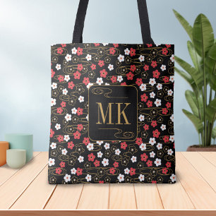 Japanese Black Sakura Blossom Monogram Initials Tote Bag