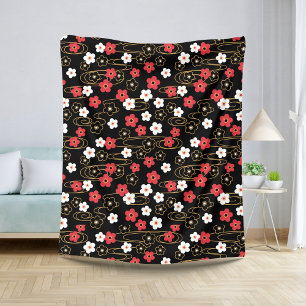 Japanese Black Sakura Cherry Blossom Flowers Sherpa Blanket