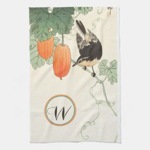 Japanese Block Print Bird Orange Fruit Monogram  Tea Towel
