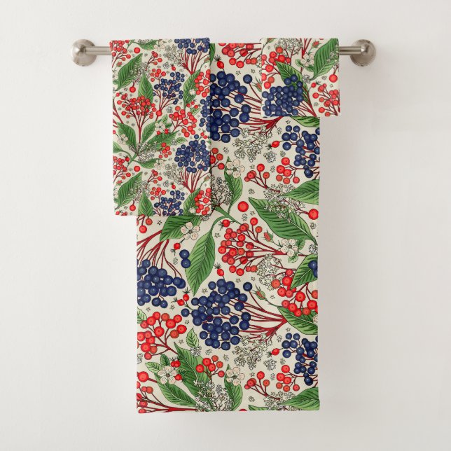 Japanese Blue and Red Berries  Bath Towel Set (Insitu)