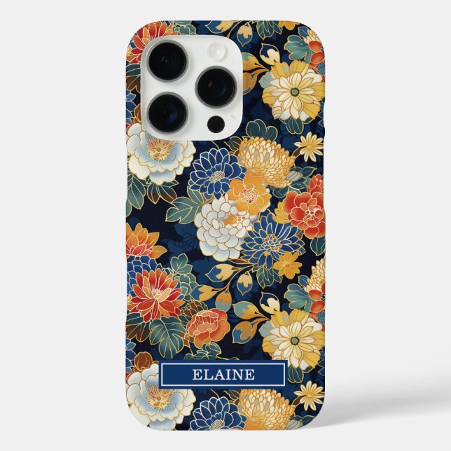 Japanese Blue Floral Pattern Monogrammed Case-Mate iPhone Case (Back)