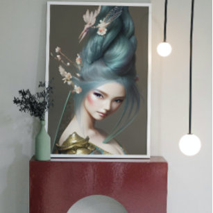 Japanese blue-haired Princess Fantasy Art Poster