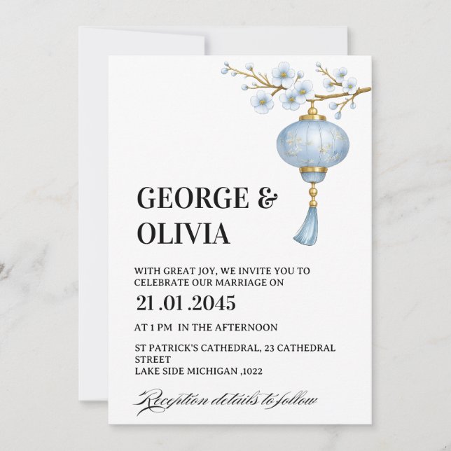 Japanese Blue Lantern Wedding Invitation (Front)