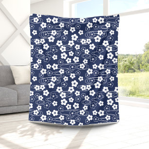 Japanese Blue Sakura Cherry Blossom Flowers Fleece Blanket