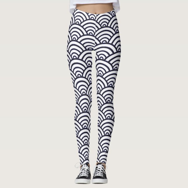 Japanese Blue Waves Seigaiha Sea Leggings (Front)