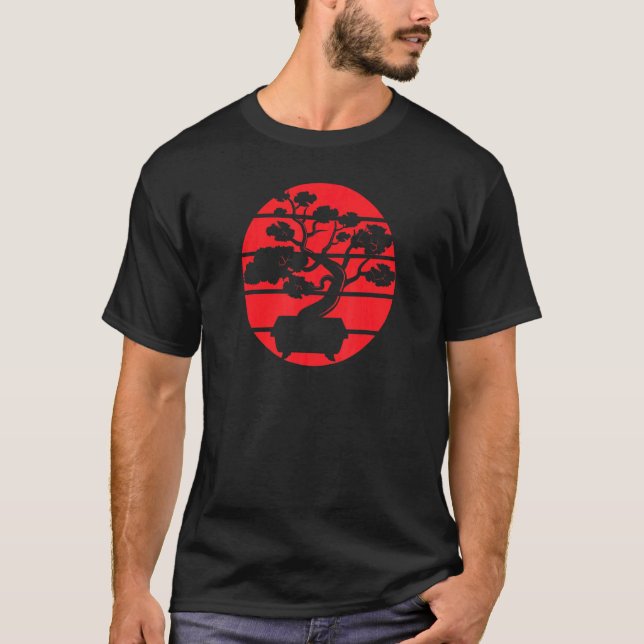 Japanese Bonsai Tree Red Retro Sunset T-Shirt (Front)